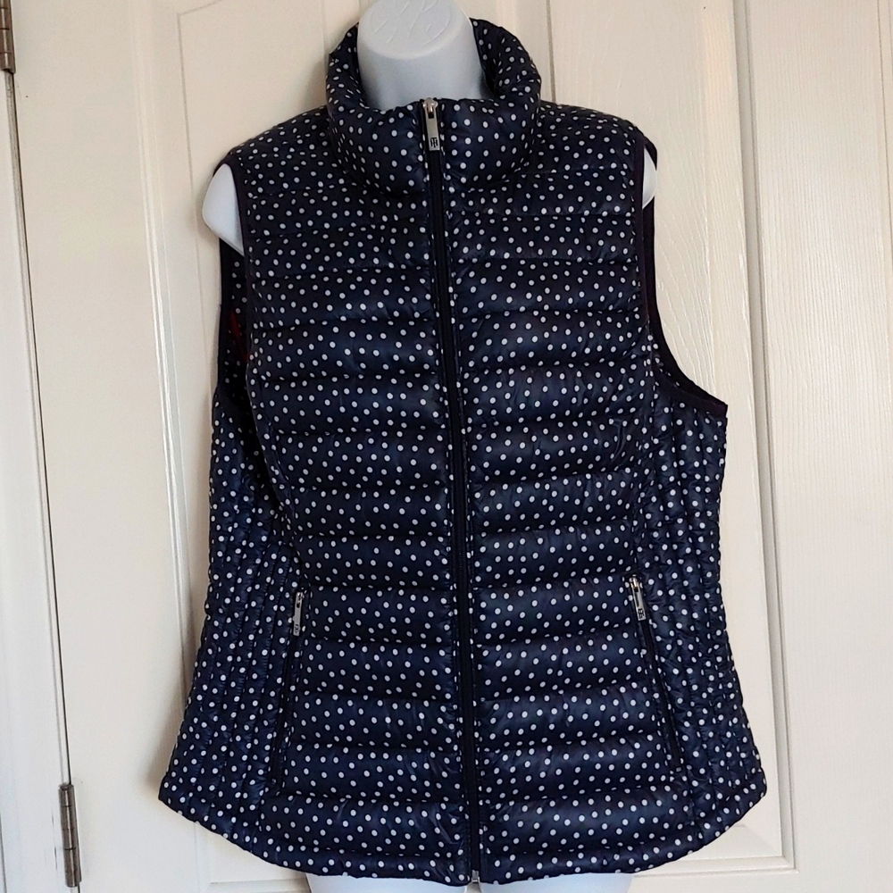 Tommy Hilfiger, packable lightweight navy blue white polka dot vest, size large